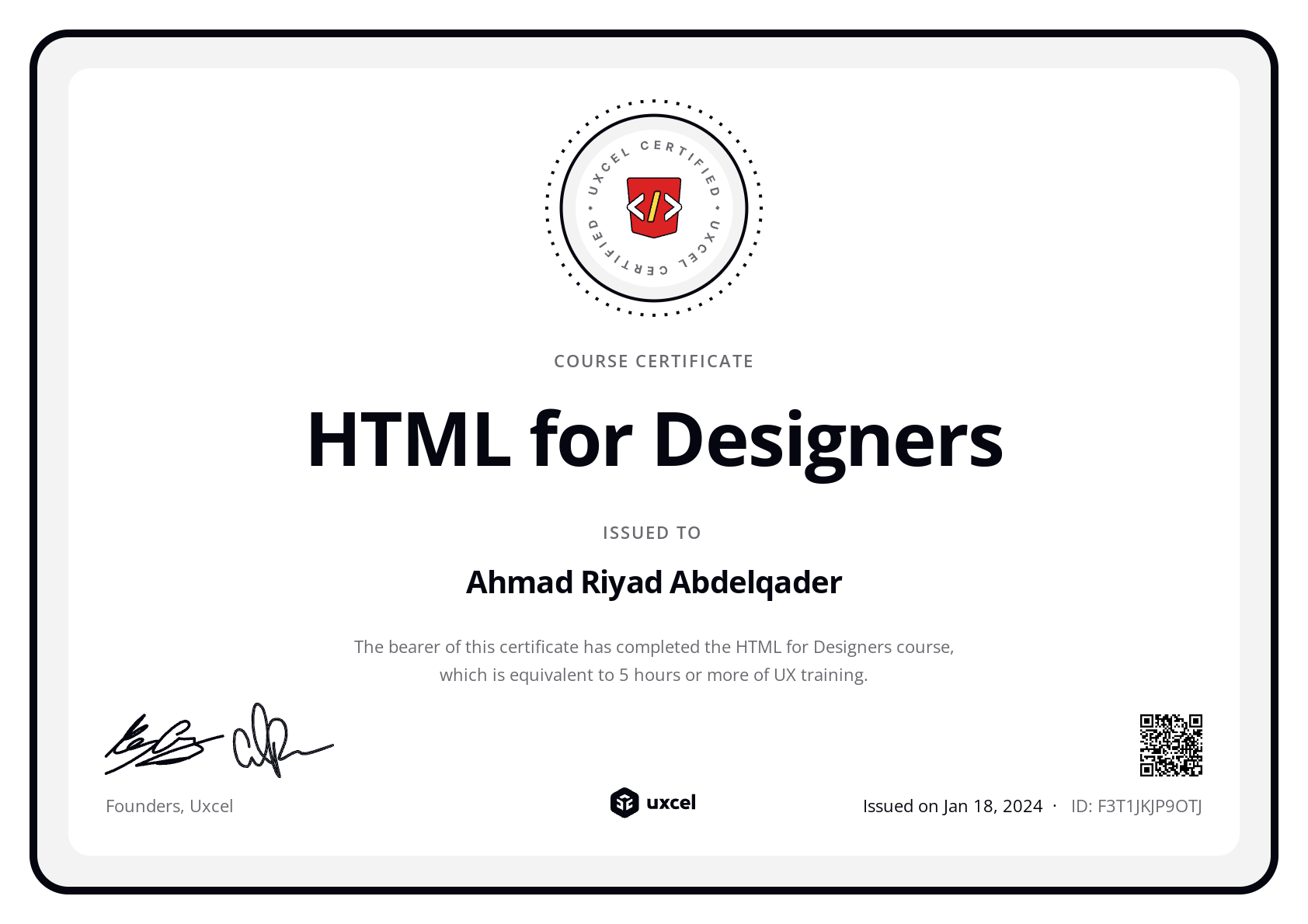 Ahmad Riyad Abdelqader's certificate